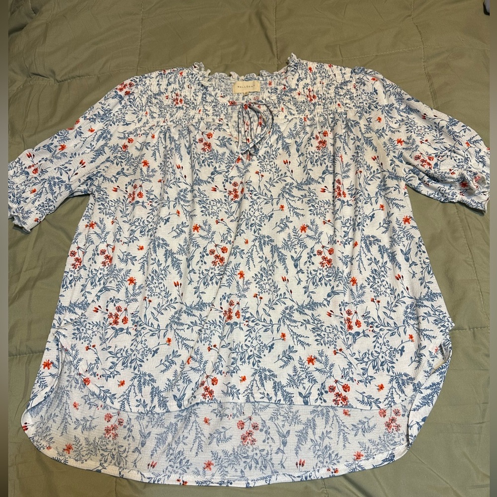 MELLODAY Blue and Red Floral Blouse